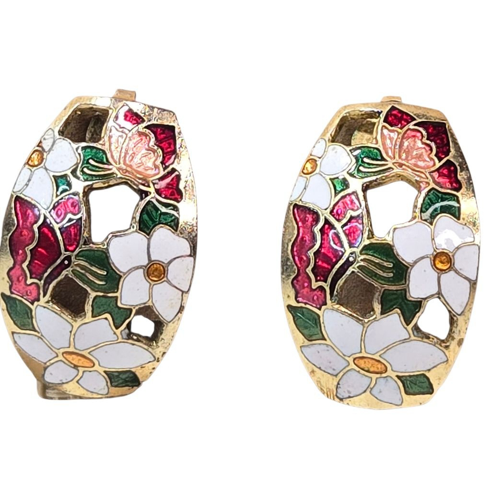 Vintage Cloisonné Earrings Butterfly Floral Clip-On Red White Green Goldtone